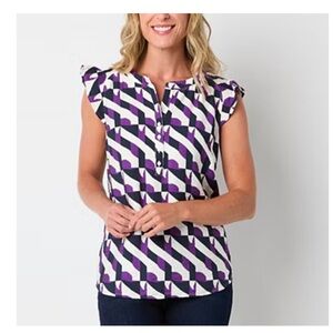 Liz Claiborne purple, Navy, and White Split Crew Neck flutter sleeve Blouse
